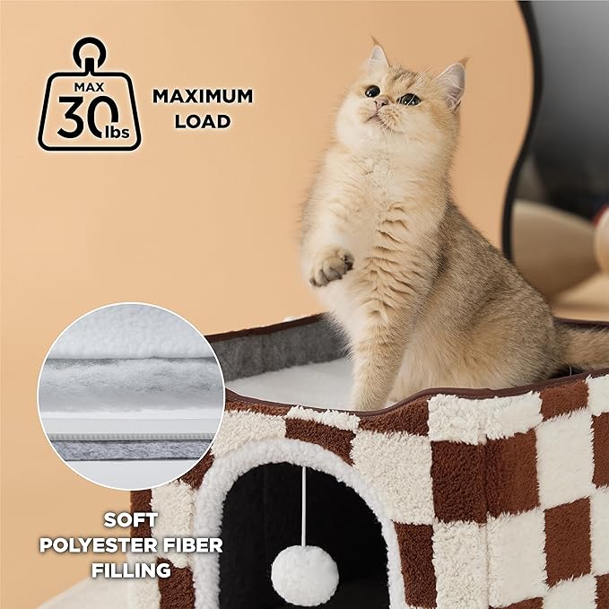 Lesure Indoor Cat Beds Kitten House - Large Cat Cave for Pet Cube with Fluffy Ball Hanging, Foldable Small Animal Hideaway, 16.5x16.5x13 inches, Brown Checks