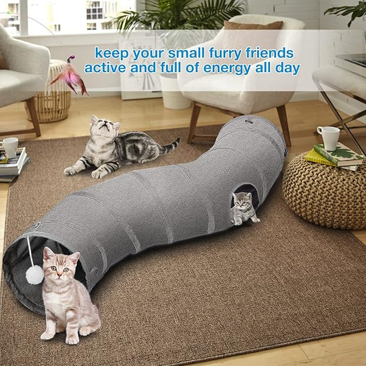 Ownpets Cat Tunnel Sturdy Oxford Fabric Cat Tunnel Toy, S-Shape Collapsible Cat Tunnels for Indoor Cats,Interactive Peek Hole Pet Tunnel Tube with Cat Wand Toy