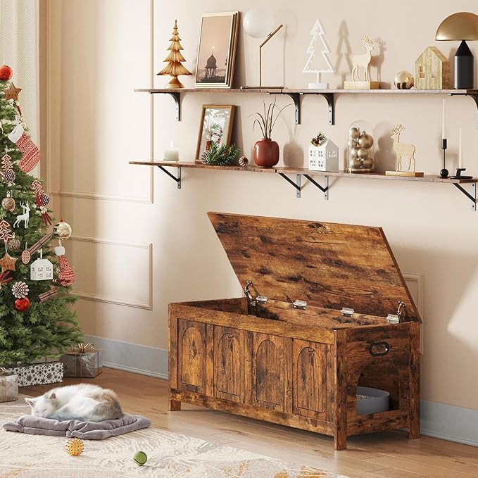 DINZI LVJ Cat Litter Box Enclosure, Flip Top Litter Box Furniture, Hidden Cat Washroom, 2-Entrances Wooden Pet House, 47.2"L x 18.7"W x 19.7"H, End Side Table, TV Stand, Easy Assembly, Rustic Brown