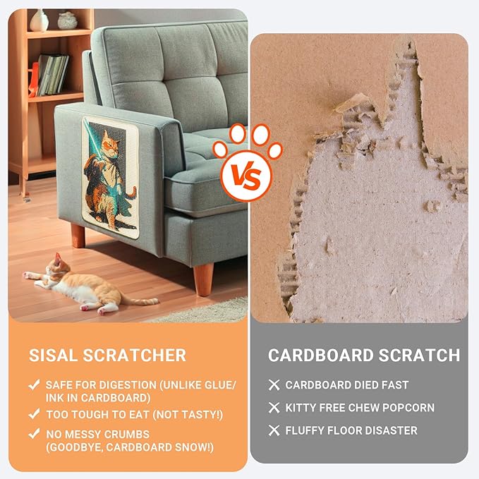 SOLDAY Sisal Cat Wall Scratcher 22x13 inch for Floor Wall Carpet Couch Furniture, Cat Scratching Posts with Velcro Tape, Anti Scratch Furniture Protector(Lightsaber Cat)