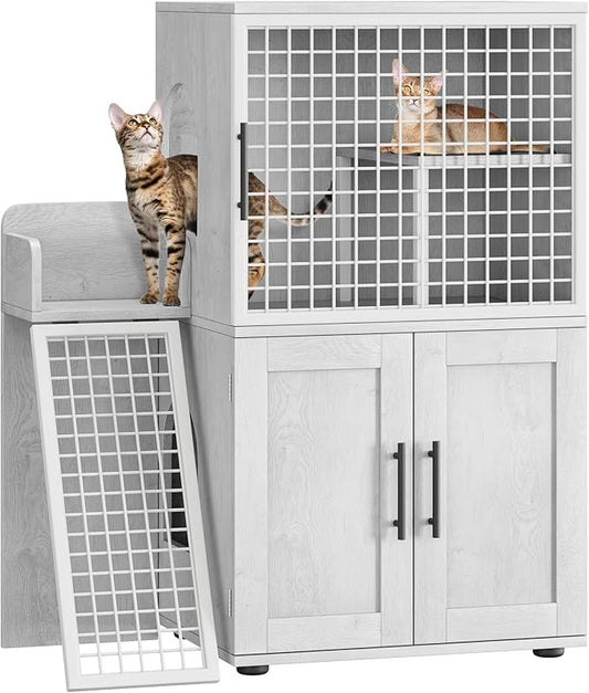 Cat Litter Box Furniture, Modern Cat Cabinet with Side Door, Double Layer Hidden Litter Box Enclosure & Pet House, Villa Style Cabinet with Side Door and Ladder for Indoor Cats