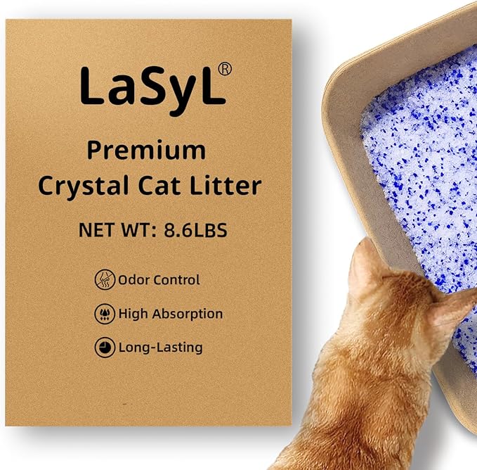 LaSyL Premium Crystal Cat Litter - 8.6 lb, Two Months Lasting - Superior Odor Control & Absorption, Non-Clumping, Low Tracking Silica Gel Safe for Pet, White & Blue (2 Bags of 4.3 lb)