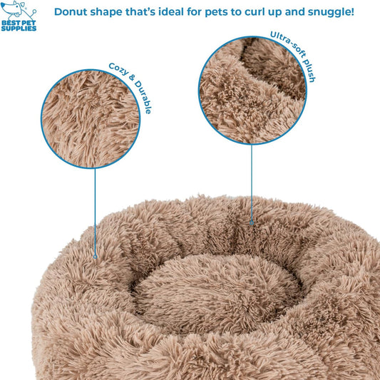 Best Pet Supplies Round Donut Dog Bed with Plush Faux Fur Fabric, Calming, Anti-Anxiety Cushion for Indoor Pets, Slip-Resistant Base, Soft Ergonomic Support - Caramel, 27x27x7.5''