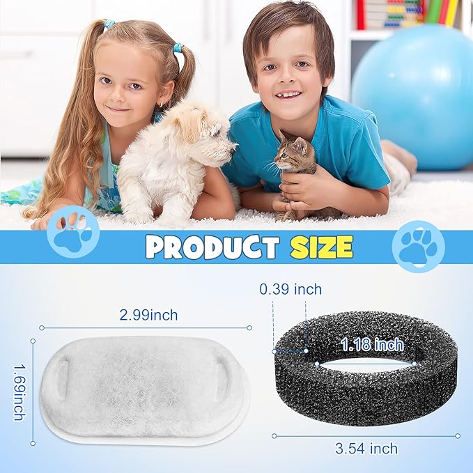 Cat Water Fountain Filter for 67oz/2L & 108oz/3.2L Stainless Steel Pet Fountain, 12 Pack Filter Replacement & 12 Sponges Foam for Automatic Dog Water Fountains Dispenser PLWF003