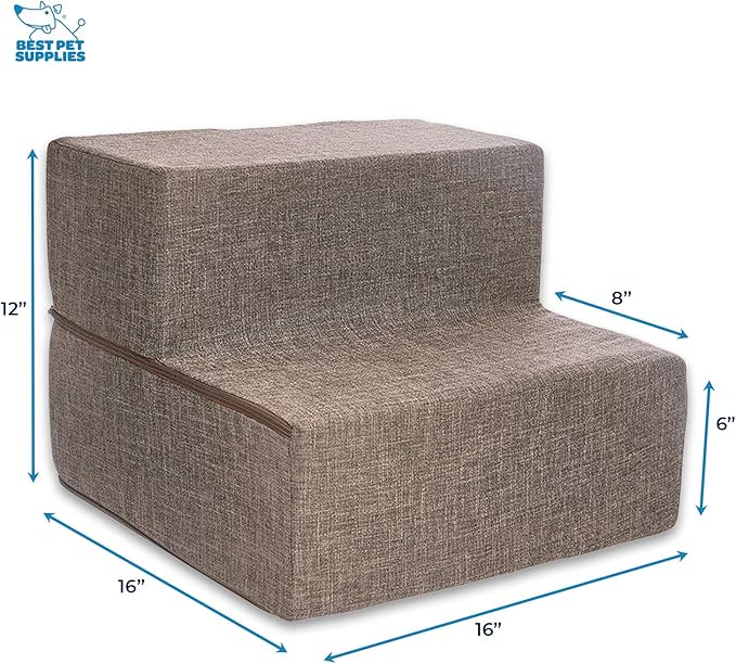 Best Pet Supplies Dog Stairs & Steps - Foam Steps for Small Dogs & Cats, Non-Slip Indoor Balanced Pet Step Support, Dog Ramp, No Assembly, Brown Linen, Foldable 2-Step (12-inch Height)