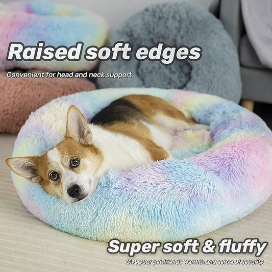 Anti Anxiety Round Fluffy Plush Faux Fur Warm Washable Dog Bed & Cat Bed, Original Bed for Small Medium Large Pets,Used to Relieve Joints and Improve Sleep（20"/24"/27''） (24", Rainbow)