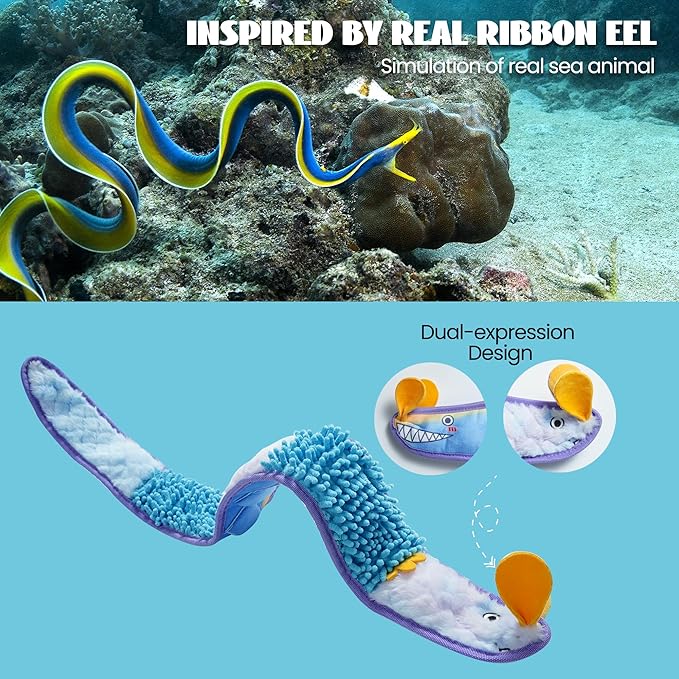 Nocciola EEL Squeaky Dog Toy, Tough No Stuffing Toy for Tug of War, Puppy Interactive Puzzle Fun to Keep Them Busy, Cognitive Crinkle Dog Toy for Large Medium Small Breed, Blue