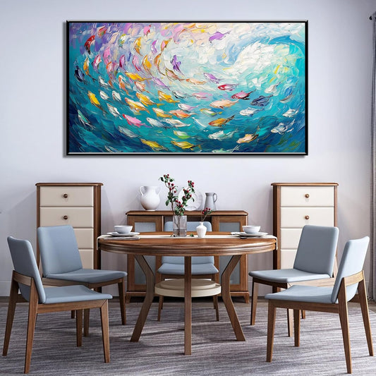 Fish Canvas Wall Art, Abstract School of Fish Canvas Wall Art, School of Fish Painting Canvas, School of Fish Wall Art, Fish Wall Decor, Fish Pictures Wall Decor, Bedroom Canvas Wall Decor (Black Framed, 30"x17" | 76x43cm)
