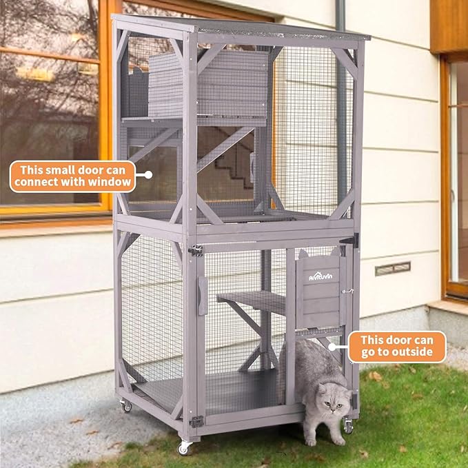 Aivituvin Cat Catio Kitty House Outdoor and Indoor Run Large Wooden Cat Enclosure on Wheels 70.9" Upgraded Version Kennel Cage with Reinforcement Wooden Strip,2 Sets Include