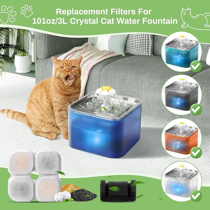 12 Set Cat Water Fountain Filter Replacement for 101oz/3L Crystal Cat Fountain, GISOFIK Pet Fountain Filter, Triple Filtration Replacement Filters (12 Filters, 12 Sponges)