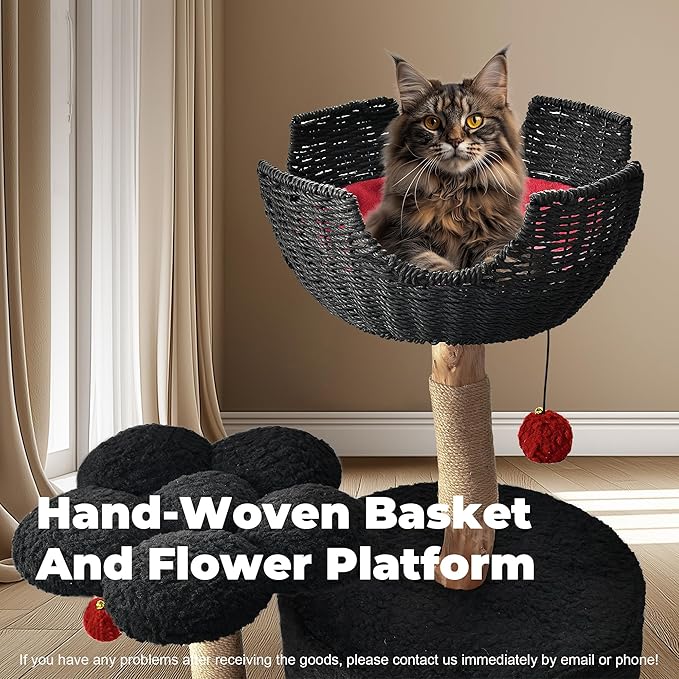 Easyego Modern Cat Tree, Aesthetic Wood Cat Tree Tower for Large Cats, Luxury Cat Condo with Scratching Posts and Flower Platforms, Cat Furniture by Easyego，(Black)
