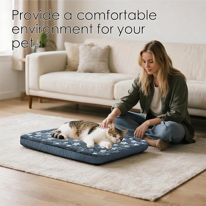 Dog Bed Mat for Crate, Soft Kennel Pad, Durable Comfort Mat for Dogs and Cats, Home and Crate Use (NavyBlue&Star, 18"*14"*1.5")