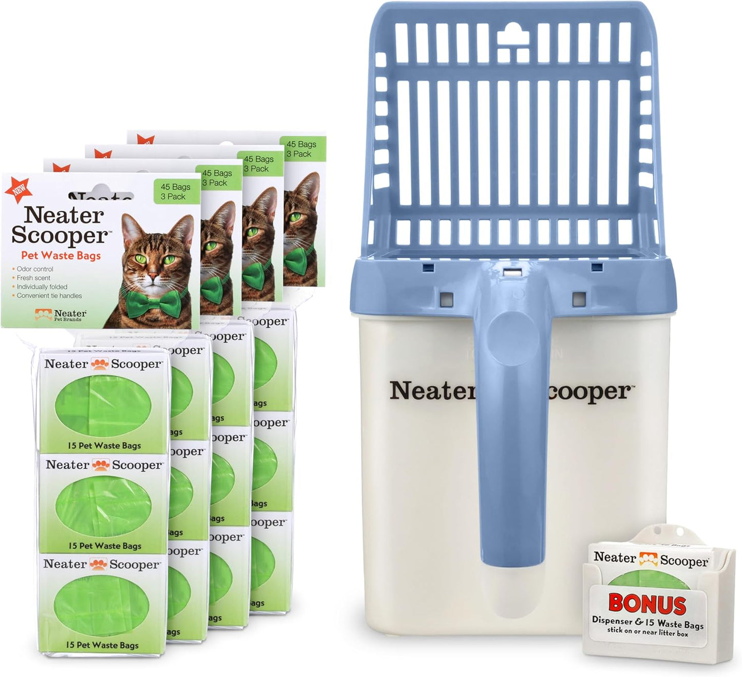 Neater Pet Brands Neater Scooper Standard Cat Litter Scoop, 195 Refill Bags – Mess-Free Cat Litter Scooper with Bag, Spill-Proof Kitty Box Sifter, Bin Doubles as Scoop Holder, For Single-Cat Household