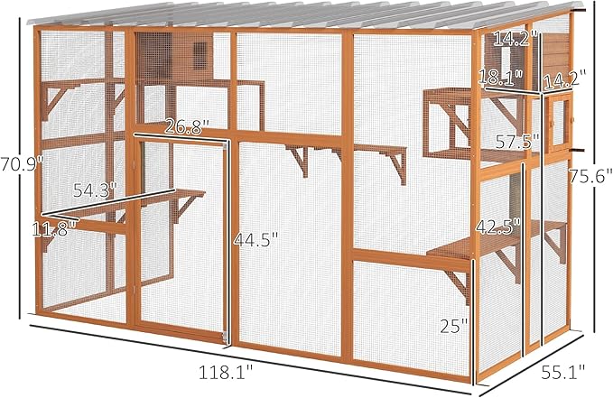 PawHut Catio, Outdoor Cat Enclosure Window Box, Wooden Cat House Playground with Scratching Posts, Weather Protection Roof for 1-5 Kitties, Resting Boxes, 118" x 55" x 75.5", Orange