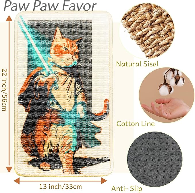 SOLDAY Sisal Cat Wall Scratcher 22x13 inch for Floor Wall Carpet Couch Furniture, Cat Scratching Posts with Velcro Tape, Anti Scratch Furniture Protector(Lightsaber Cat)