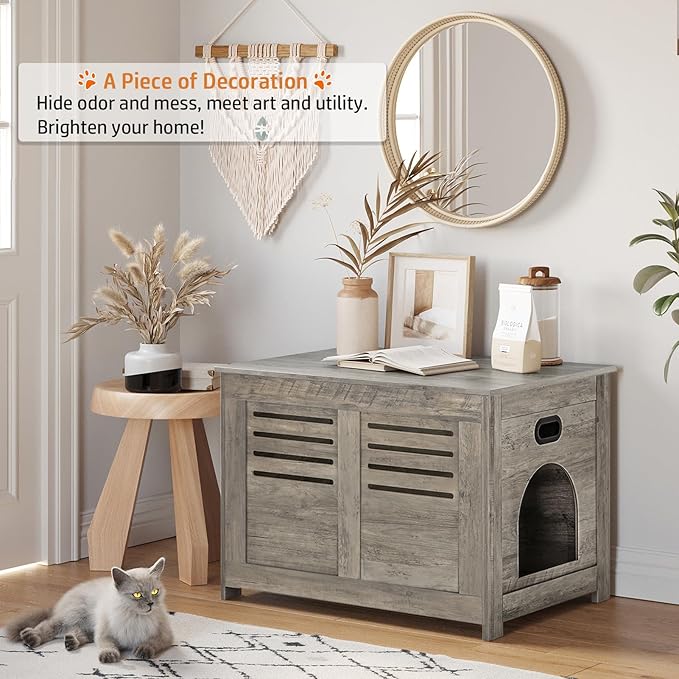 DINZI LVJ Litter Box Enclosure, Flip Top Litter Box Furniture, Good Ventilation, Hidden Cat Washroom, 27.6" L x 19.7" W x 19.7" H, Entrance Can Be on Left or Right, Wooden Cat House, Gray Wash