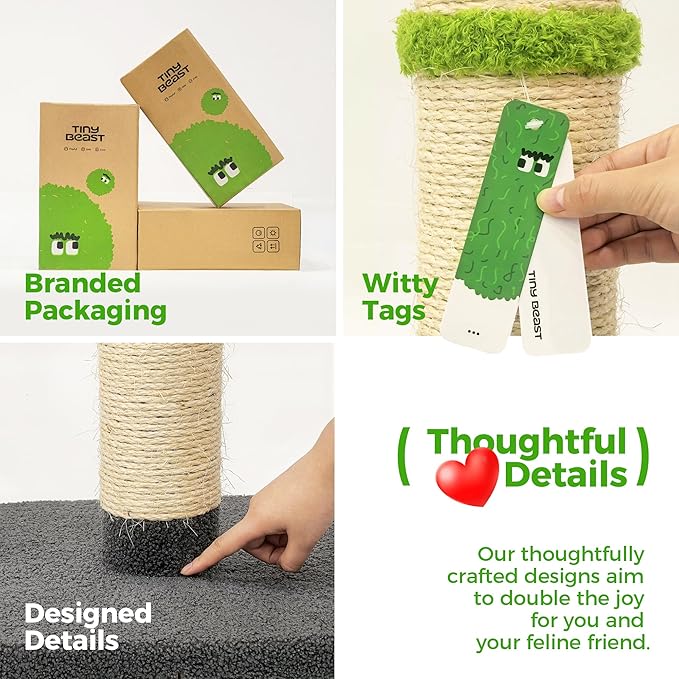 TINYBEAST 34.7" Tall Cat Scratching Post, 3 in 1 Heavy Duty 4.3" Diameter Natural Sisal Post with Hanging Bell Ball, Reinforced Stable Base for Indoor Adult Cats and Kittens(Grey)