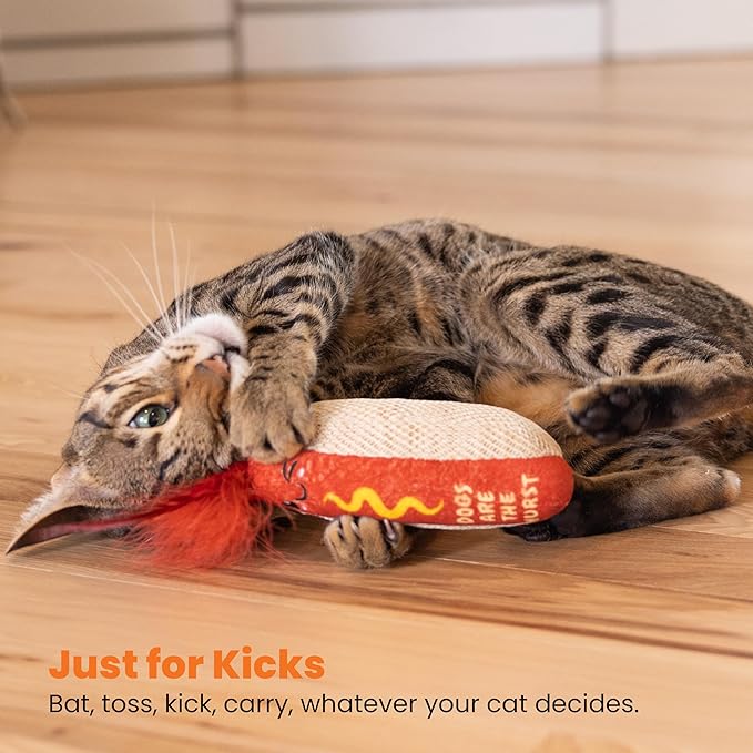 Catstages Hotdog Kicker Toy with Catnip and Dental Mesh, Hot Dog Shape, Plush and Feather Cat Toy for Kicking, Tossing, and Teeth Cleaning, Brown