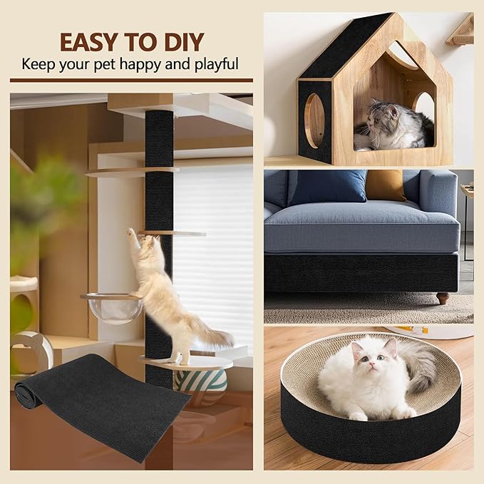 Cat Scratch Furniture Protector, 78.7"x15.8" Self Adhesive Cat Scratch Mat Pad,Cut to Fit DIY Replacement Carpet for Tree,Wall,Bed,Door, Couch Protector (Black)