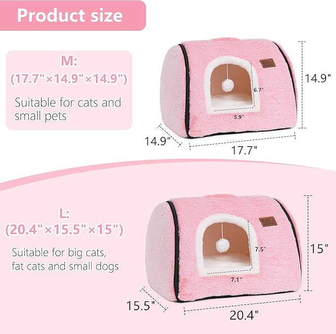 Cave Cat Bed by Brand - Soft, Comfortable Cat Bed, House, with Removable Washable Cushioned Pillow, Enclosed, Small Large Dog Tent (Pink)
