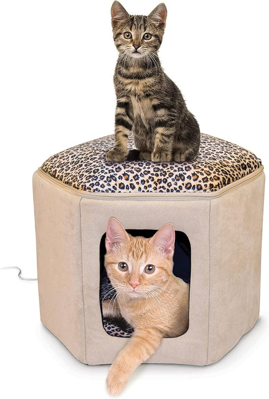 K&H Pet Products Thermo-Kitty Sleephouse Tan/Leopard Heated 17 X 15 X 13 Inches