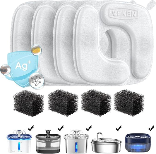 Veken Cat Water Fountain Filters, 4 Pack Replacement Filters & 4 Pack Replacement Pre-Filter Sponges Set for 50oz, 84oz, 95oz Automatic Pet Fountain Dog Water Dispenser