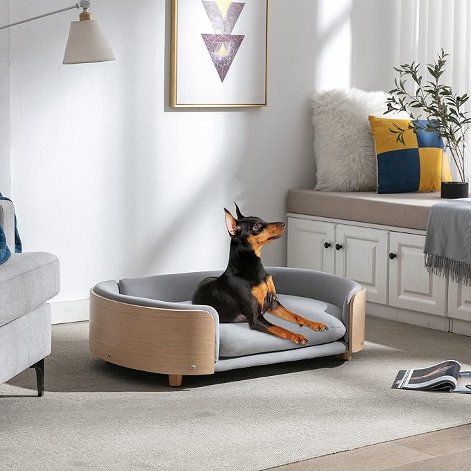 HomSof 38.58" Scandinavian Style Elevated Dog Cat Bed Pet Sofa with Solid Wood Legs and Bent Wood Back with Velvet Cushion,Large Size，Light Grey