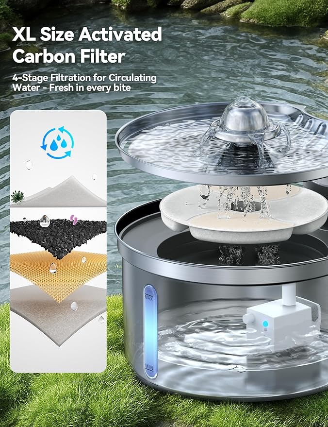 Cordless Cat Water Fountain Stainless Steel with Motion Sensor, Water-Battery Separation Safety Design,4000mAh Battery Operated Cat Water Dispenser for Cats Dogs, 3.5L/118oz - [FN-W19]