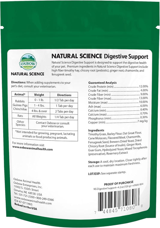 Oxbow Animal Health Natural Science Digestive Support, High Fiber Supplement for Rabbit & Guinea Pig, Made with Timothy Hay, Includes Chicory Root, Ginger Root, Chamomile, Made in USA, 4.2 oz Bag