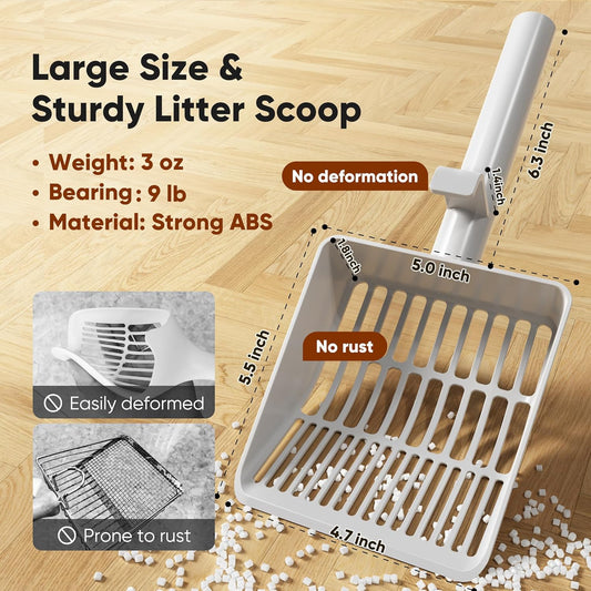 Large Cat Litter Scoop, Heavy-Duty Litter Scoop with Dual Sifting Holes for Fast & Fine Clumping, Kitty Litter Scooper with Long Handle & Easy-to-Hang Hook for Litter Box