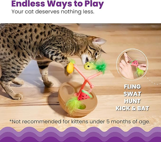 Catstages Hunt N' Wobble Fruit Bowl Wobbling Cat Toy with Five Catnip Toys, Jingle Ball, and Flingers, Multicolored