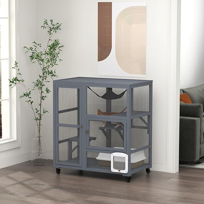 PawHut Indoor Wooden Catio, Cat House Cat Enclosure on Wheels with 3 Platforms, Hammock, Cat Flap Door & Openable Top, Luxury Kitty House for 2 Cats, 39", Light Gray