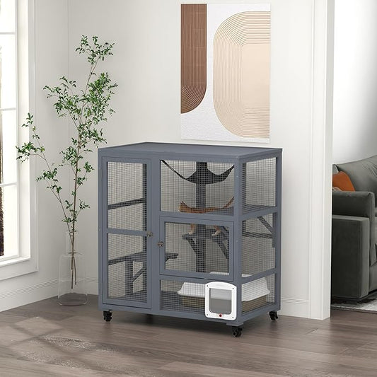 PawHut Indoor Wooden Catio, Cat House Cat Enclosure on Wheels with 3 Platforms, Hammock, Cat Flap Door & Openable Top, Luxury Kitty House for 2 Cats, 39", Light Gray
