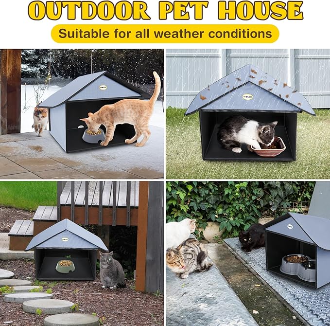 Dreyoo Cat Houses & Condos Outdoor Cat Feeding Station for Food & Water, Weatherproof Outdoor Kitty Dining Room Cats Shelter for Stray, Feral and Community Cats, 13”d x 17”w x 15.5'h(Dusty Blue)