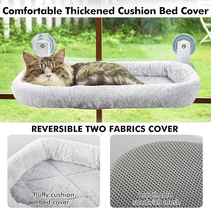 AMOSIJOY Cordless Cat Window Perch, Cat Hammock for Wall with 4 Strong Suction Cups, Solid Metal Frame and Two Replaceable Covers, Foldable Cat Beds for Indoor Cats (Large-Cushion Bed-Gray)