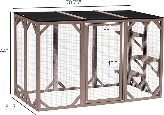 PawHut Outdoor Cat House, Catio Wooden Feral Cat Shelter, Cat Cage with Platforms, Large Enter Door, Weather Protection Asphalt Roof, 71" L, Brown