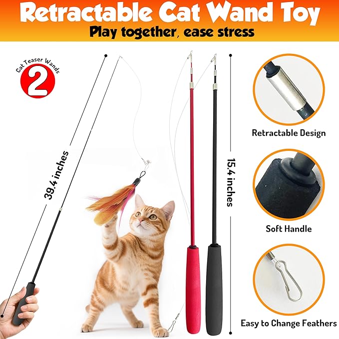 Retractable cat wand toys, 14PCS teaser refills-feather & worm refills and chirping mouse toy, interactive cat teaser toys for indoor cats, fishing pole games for bored indoor kitten exercise & play