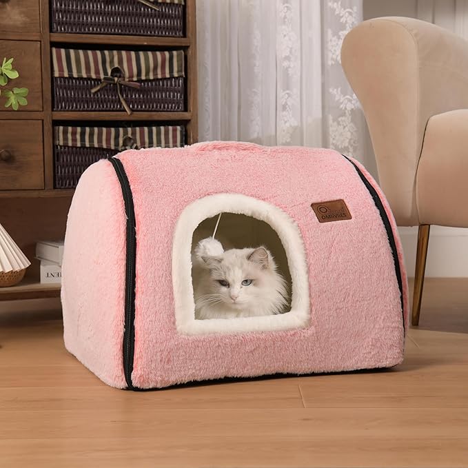 Cave Cat Bed by Brand - Soft, Comfortable Cat Bed, House, with Removable Washable Cushioned Pillow, Enclosed, Small Large Dog Tent (Pink)