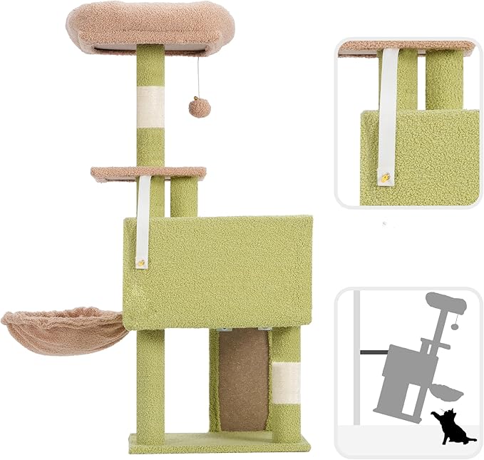 Cat Tree, 41.3" Cat Tower for Indoor Kittens with Scratching Board and Posts, Multi-Level Cozy Cat Condo with 2 Perches, Hammock, Balls, Green and Yellow GCT005SGY