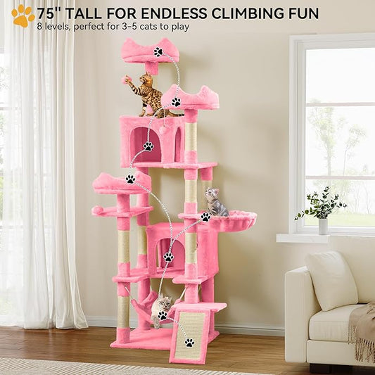YITAHOME 75-Inch Tall Cat Tree Indoor: Multi-Level Kitten Tower with Kitty Condos, Top Perches, Sisal Ramp, Scratching Posts & Cozy Basket Hammocks Pet Play House Pink