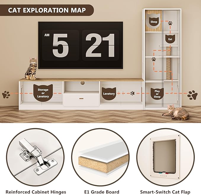 98.4" White TV Stand and Cat Tree Cabinet, 2-in-1 Entertainment Center and Cat Climbing Furniture with Scratching Posts Cat Door, Modern Wooden Design with Storage and Drawer for Living Room