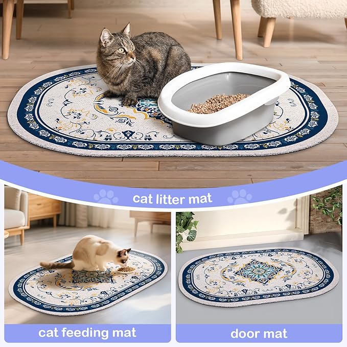 Bienbee Cat Litter Mat, 40" x 30" Jumbo Size Litter Box Mat Rug with Non-Slip Bottom, Easy to Clean Cat Supplies Accessories Essentials for Indoor Kitty Kitten Floor, Blue XL