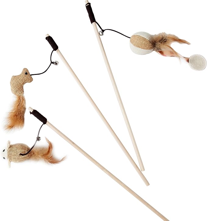 Cat Teaser Cat Kitten Toys Set Natural Sisal Wand Teasers with Mouse, Bell, Feather, Elastic String, and Sturdy Wood Rod