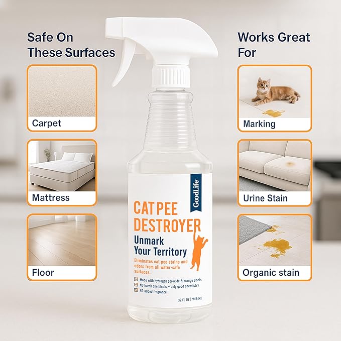 Cat Pee Destroyer - Cat Urination Stain & Urine Odor Eliminator for Home - Cat Deodorizer for Litter Box, Carpet, Mattress, Couches, Furniture, & Floors (CPD 32)