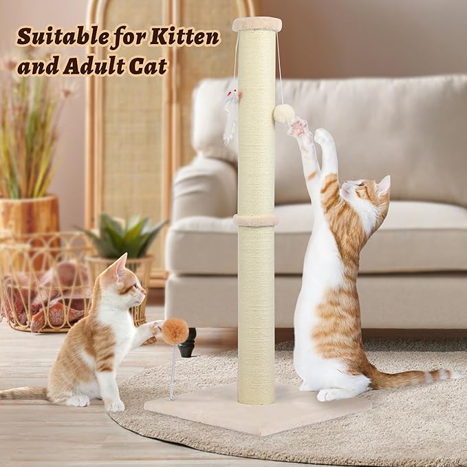 36 Inch Tall Cat Scratching Post – Sisal Cat Scratcher for Indoor Cats, Large Vertical Scratch Post, Sturdy Cat Scratch Pole Tower, Modern Cat Furniture for Kittens & Adults (Beige)
