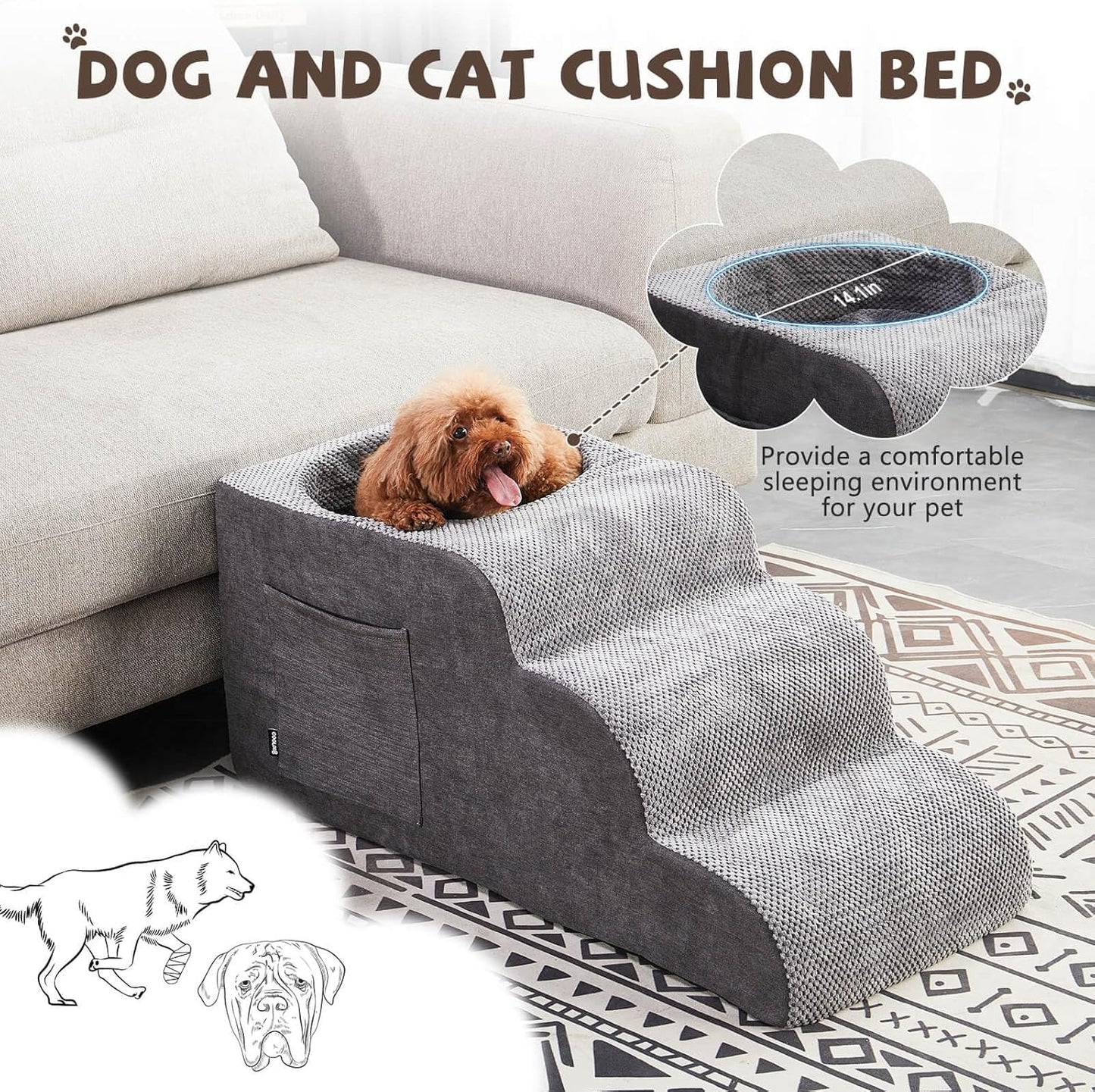 Dog Stairs, Dog Stairs for Small Dogs, 3-Step Pet Stairs, Dog Steps for Bed, Dog ramp, pet Stairs for high beds, Old Dog pet Steps, Non-Slip Pet Step Indoor, Grey