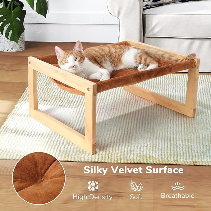 FUKUMARU Cat Bed with Removable Cover, Plush Velvet Couch for Indoor Cats, Wooden Feline Hammock, 21 x 16.5 Inch Kitten Sofa, Suitable for Kitty, Dog, Bunny and Small Animal, Brown