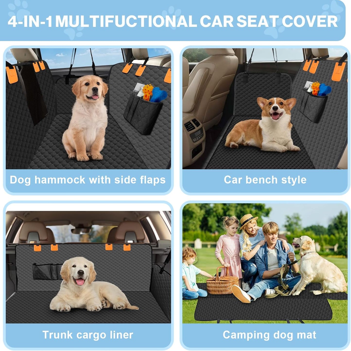 Dog Car Seat Cover for Back Seat, Waterproof Protector with Side Flaps, Scratchproof Hammock, Non-Slip Bottom for Cars/Trucks/SUVs (Black)