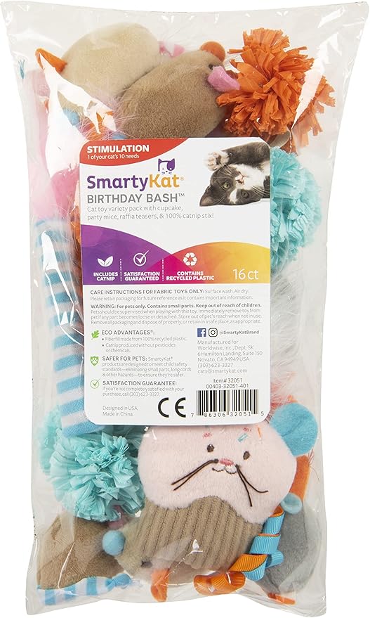 SmartyKat (16 Set Bundle Birthday Bash Variety Pack Catnip Cat Toys - Multi Color, Set of 16