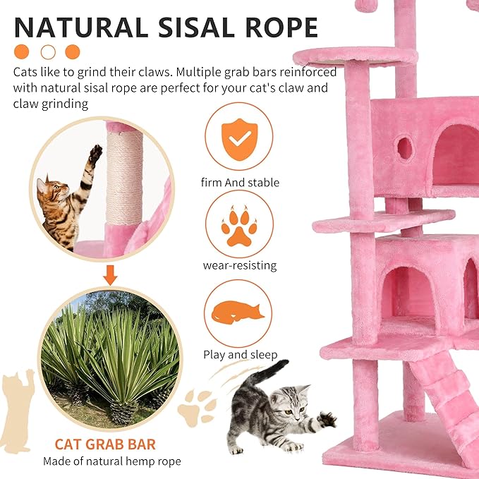BestPet 54in Cat Tree Tower for Indoor Cats,Multi-Level Cat Furniture Activity Center with Cat Scratching Posts Stand House Cat Condo with Funny Toys for Kittens Pet Play House (54in, Pink)
